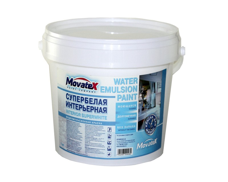 Краска водоэмульсионная Movatex интерьерная супербелая моющаяся, акриловая, светостойкая, антибактериальная