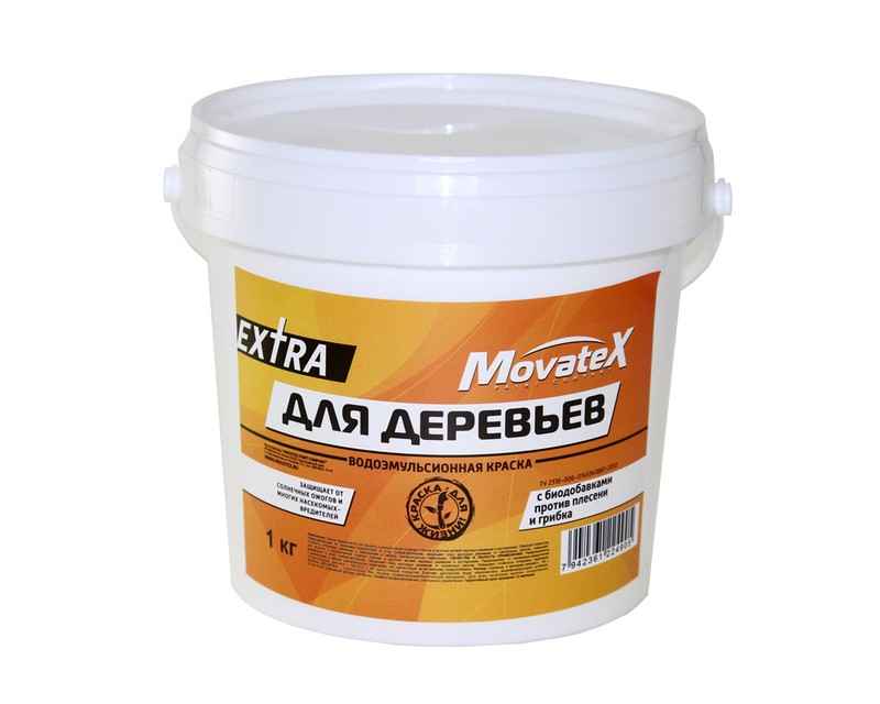 Краска водоэмульсионная Movatex EXTRA для деревьев с биодобавками от плесени и грибка; защищает от ожогов и многих насекомых-вредителей