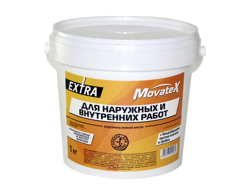Краска водоэмульсионная Movatex EXTRA для наружных и внутренних работ с биодобавками против плесени и грибка; атмосферостойкая; экономичная; не желтеет; дышащая